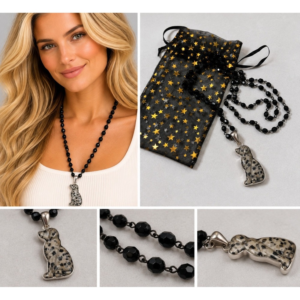 Dalmatian Jasper Dog Pendant Necklace Black Beaded Silver Tone Boho Pet Lover OS